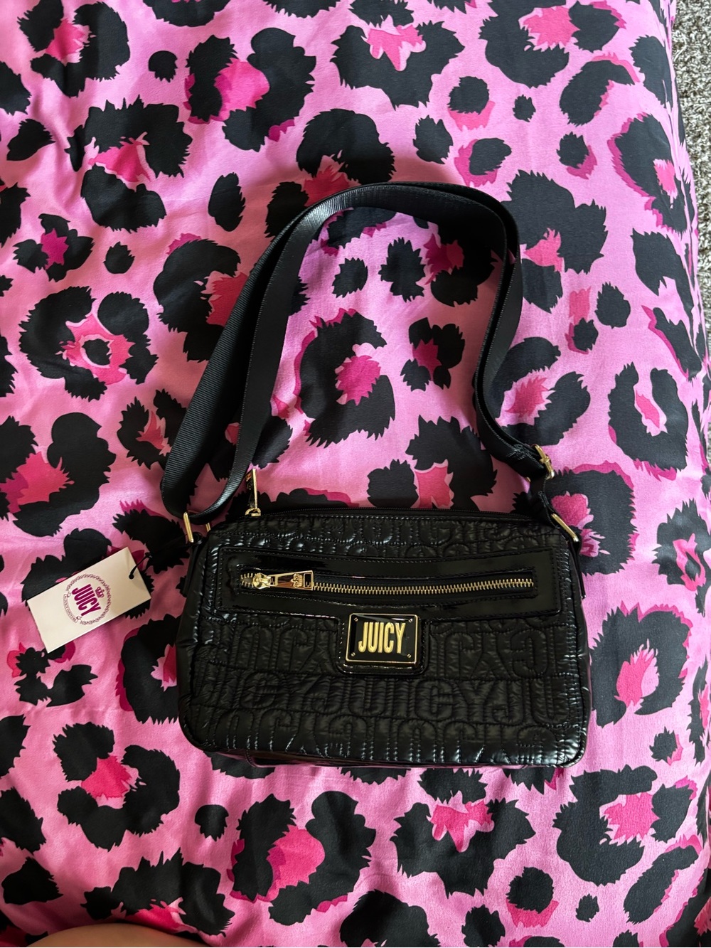 Juicy Couture Black Quilted Logo Crossbody with Gold Accents